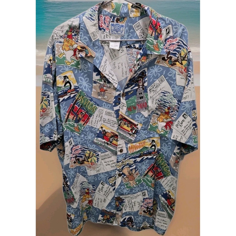 Looney Tunes Rare Hawaiian Shirt Postcard Print XXXL 90s Y2K Warner Bros Vintage